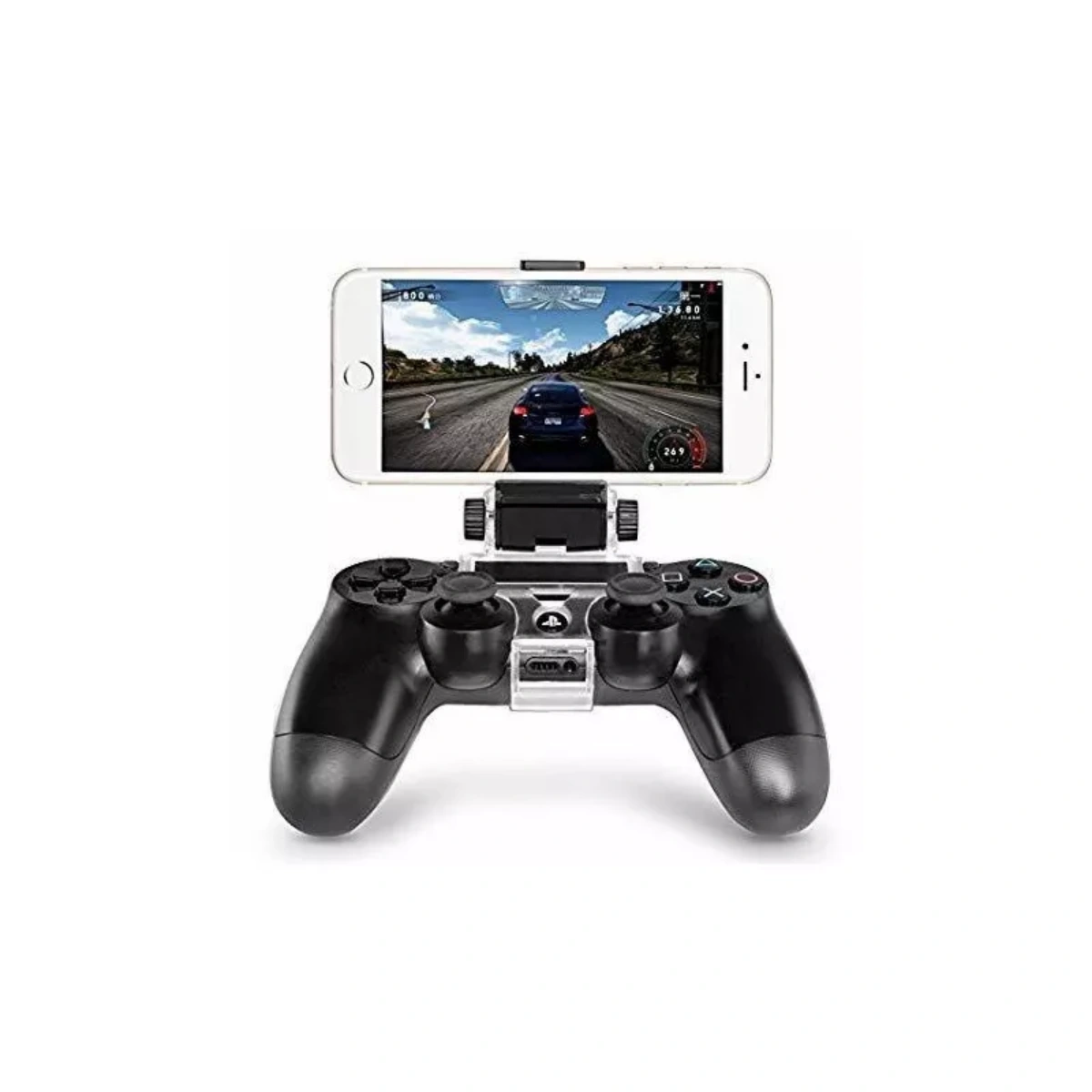 Schwarzer Controller hält ein Telefon, das ein Rennspiel anzeigt und Armaturenbrett und Straße zeigt.