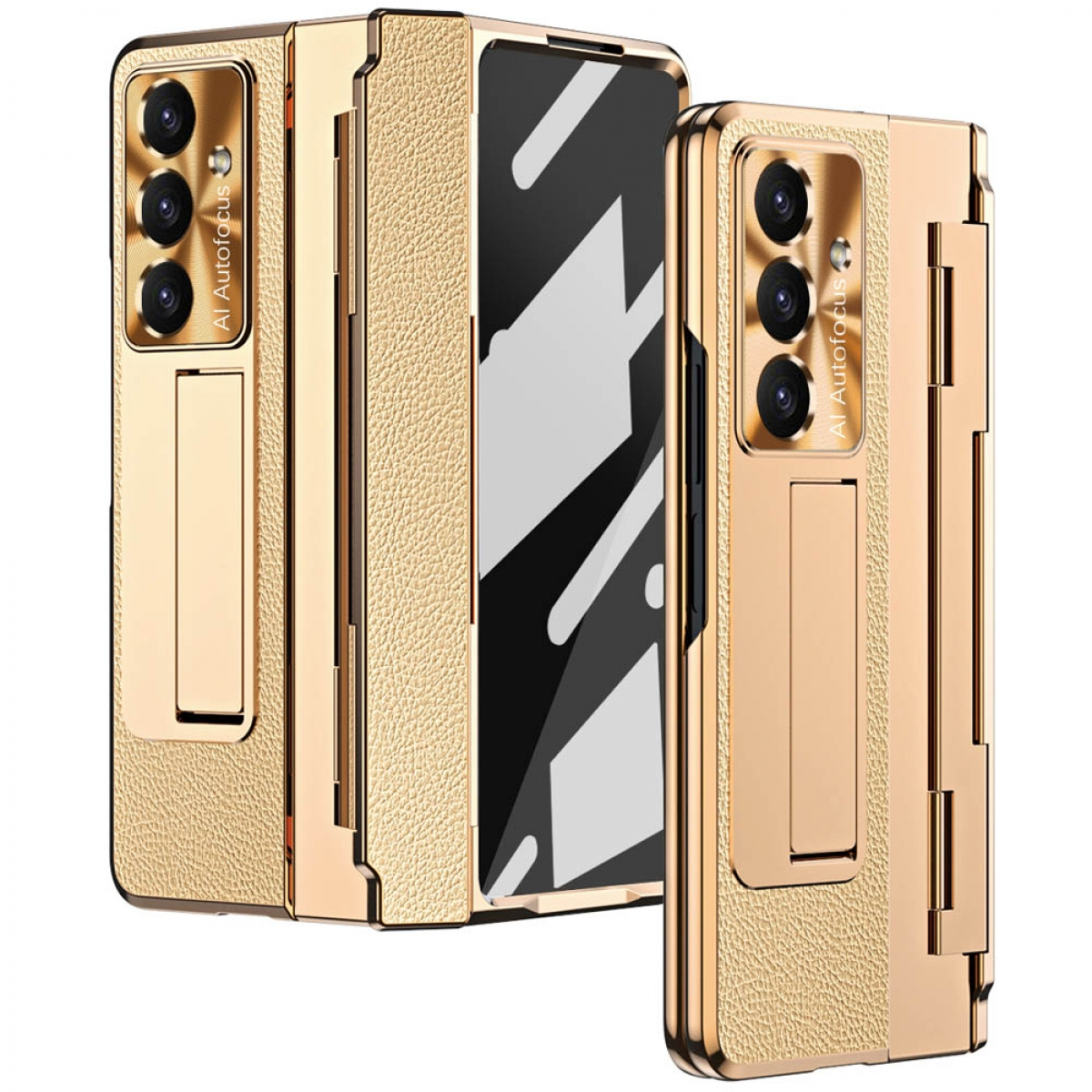 Goldene Handyhülle mit Kameraausschnitten und Ständer, mit Telefon darin. Die Hülle hat eine Textur.