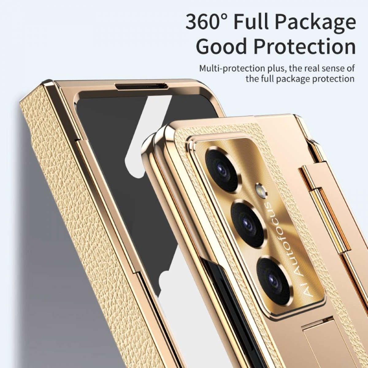 Nahaufnahme einer goldenen Klapphülle mit Details zu den Kameraobjektiven und einer strukturierten Oberfläche, die 360° Schutz bietet.