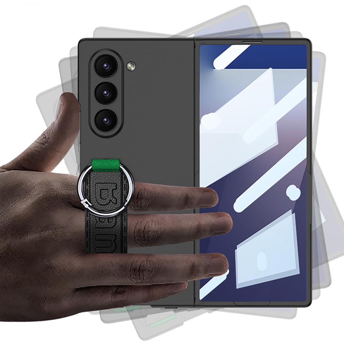 Hand hält schwarzes Telefon mit grünem Ringhalter, gefaltet. Das Telefon wird drehend gezeigt.