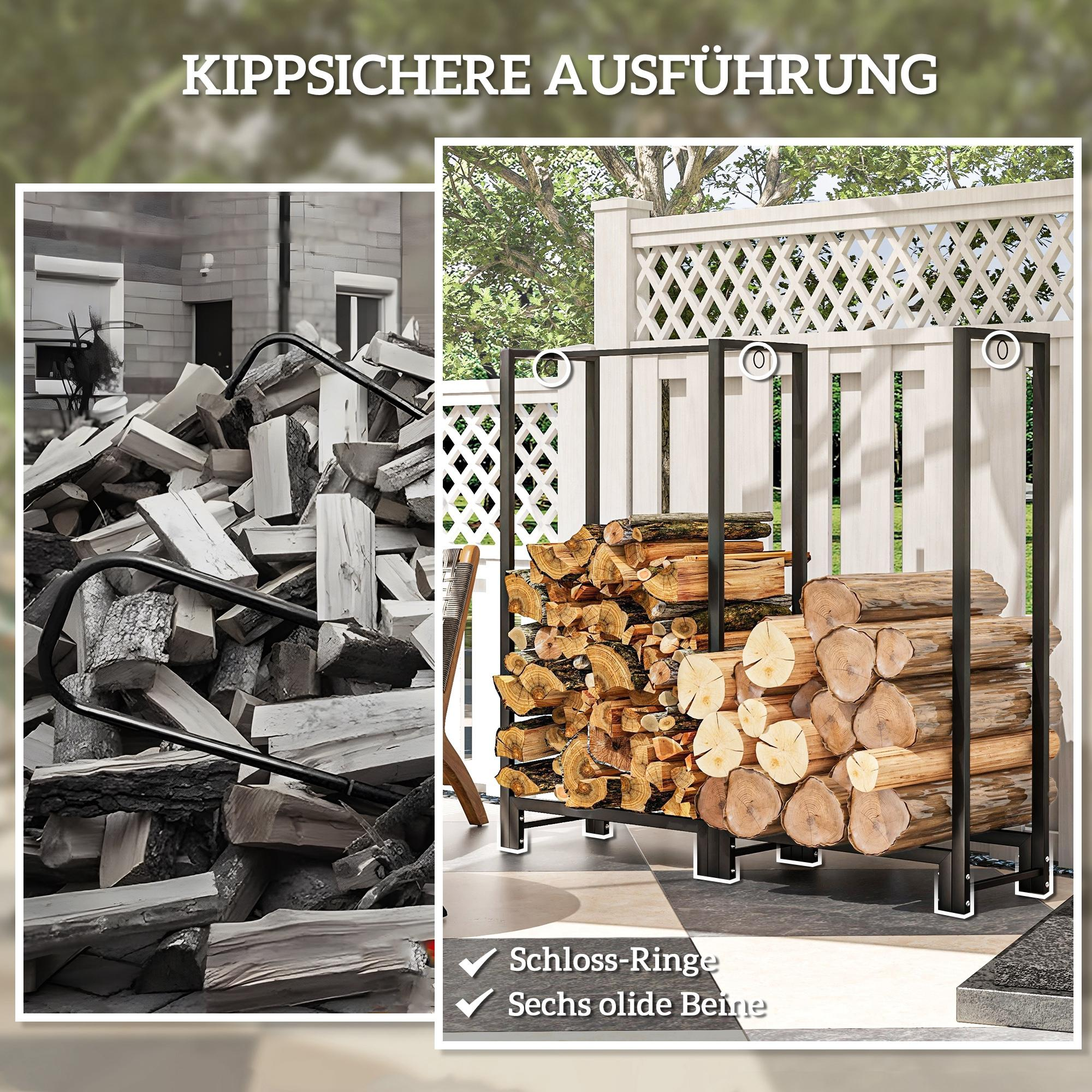 Das Bild zeigt ein mit Holzscheiten gefülltes Metall-Brennholzregal, das Schwarzweiß- und Farbbilder kontrastiert.