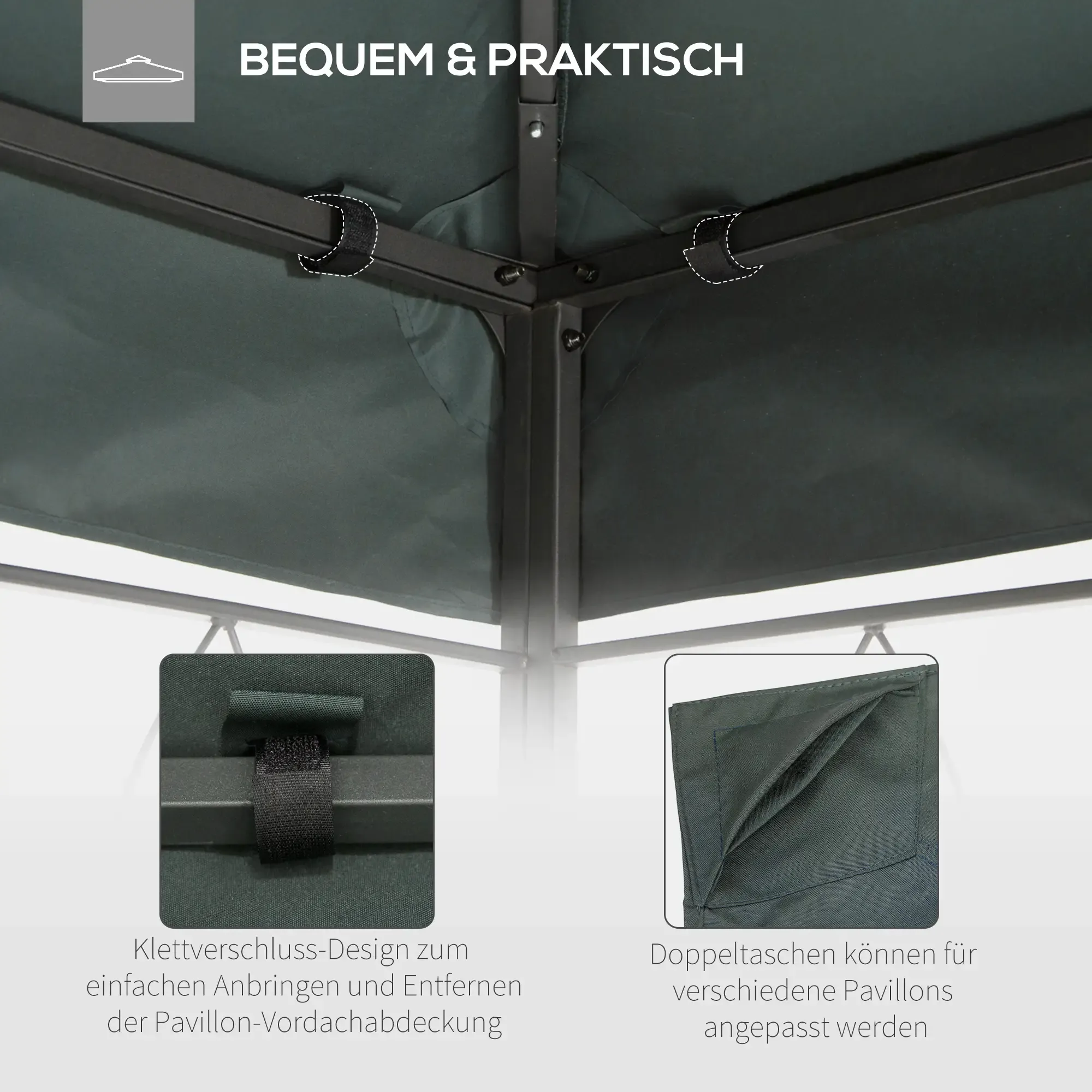 Nahaufnahme des Inneren eines Pavillons, das Klettverschlüsse und Taschen zur einfachen Befestigung und Anpassung zeigt.