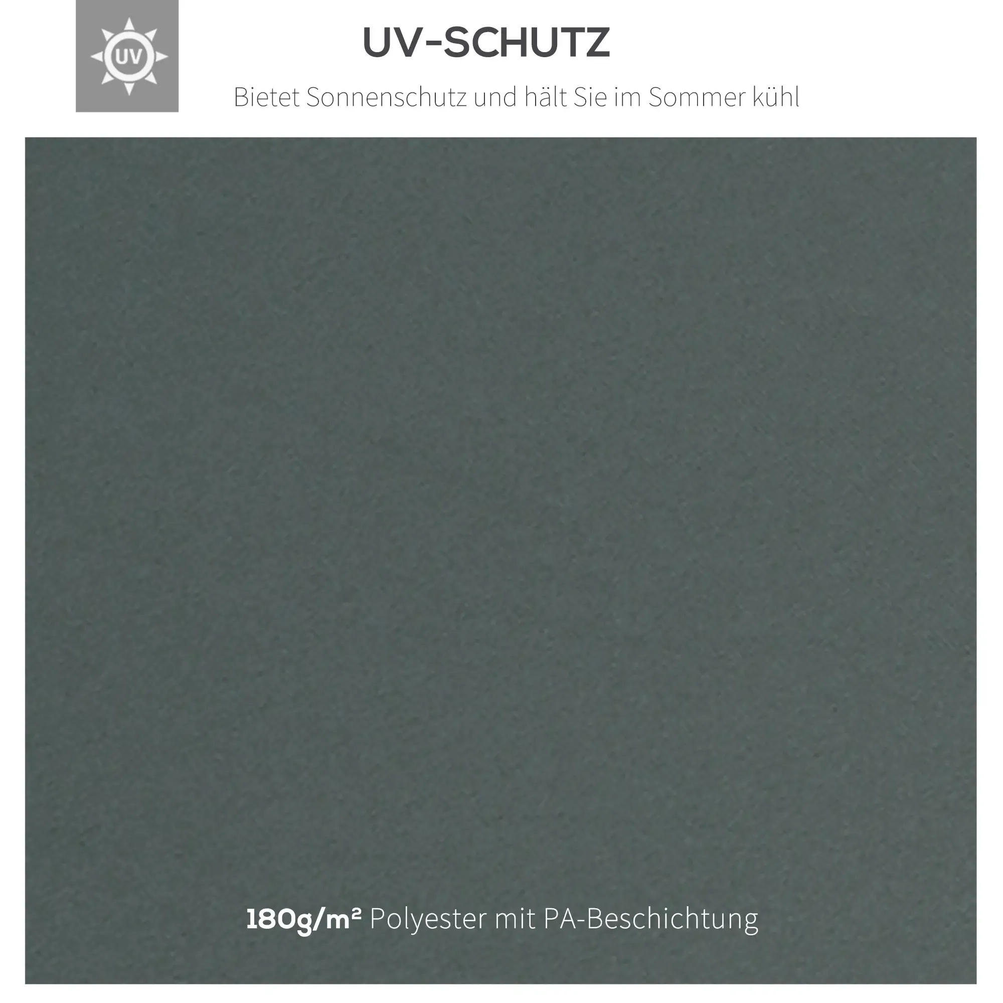 Nahaufnahme graues Gewebe, UV-Schutz-Symbol oben links. Text: UV-Schutz, bietet Sonnenschutz und hält Sie kühl.