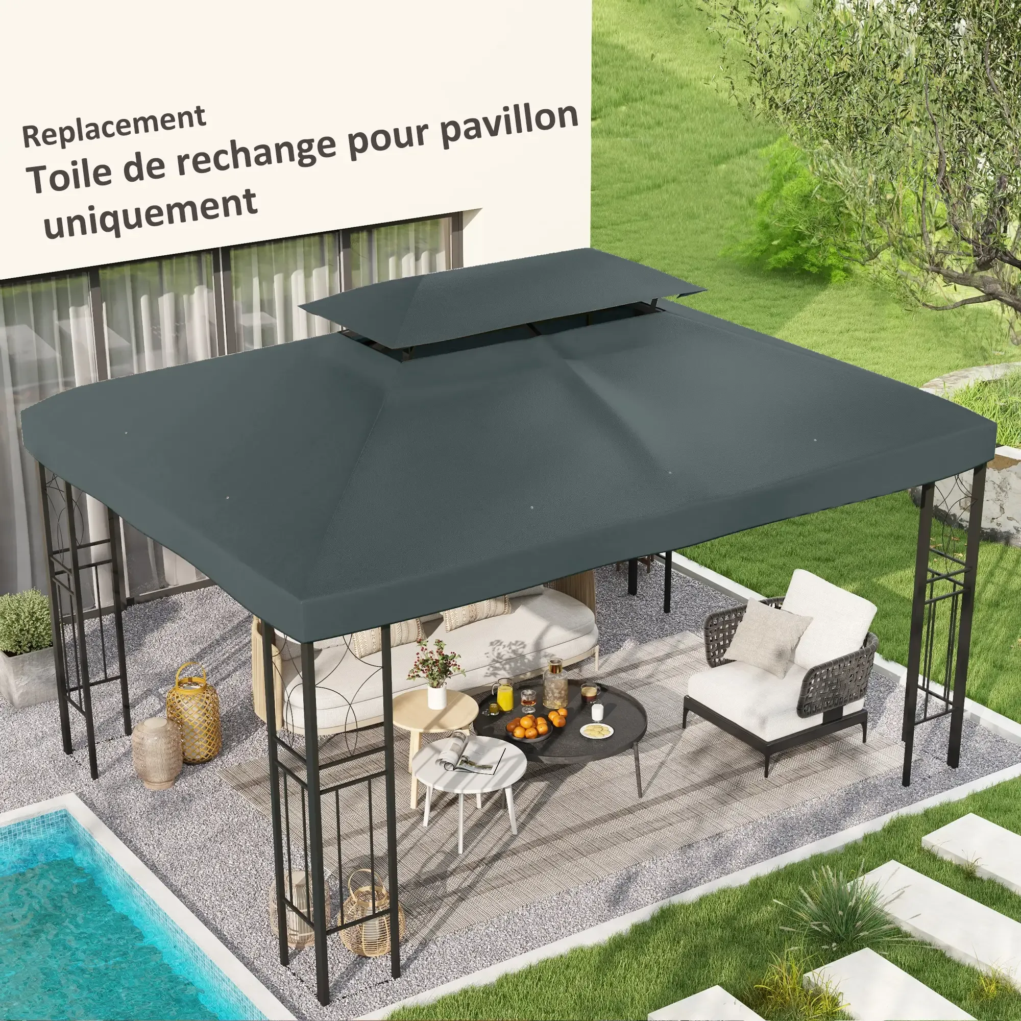 Pavillon mit grauem Baldachin auf einer Terrasse, umgeben von Möbeln und Gras. Text: Ersatz, nur Ersatzdach.