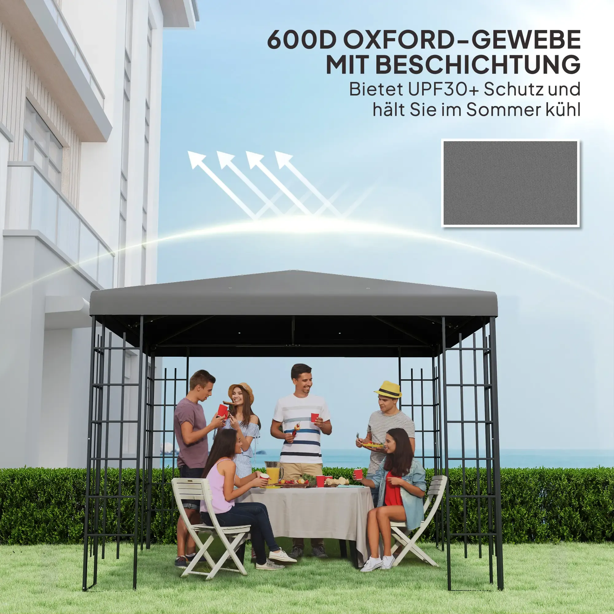 Personen unter einem grauen Pavillon, die Getränke und Essen genießen. Text: 600D Oxford-Gewebe, bietet UPF30+ Schutz.