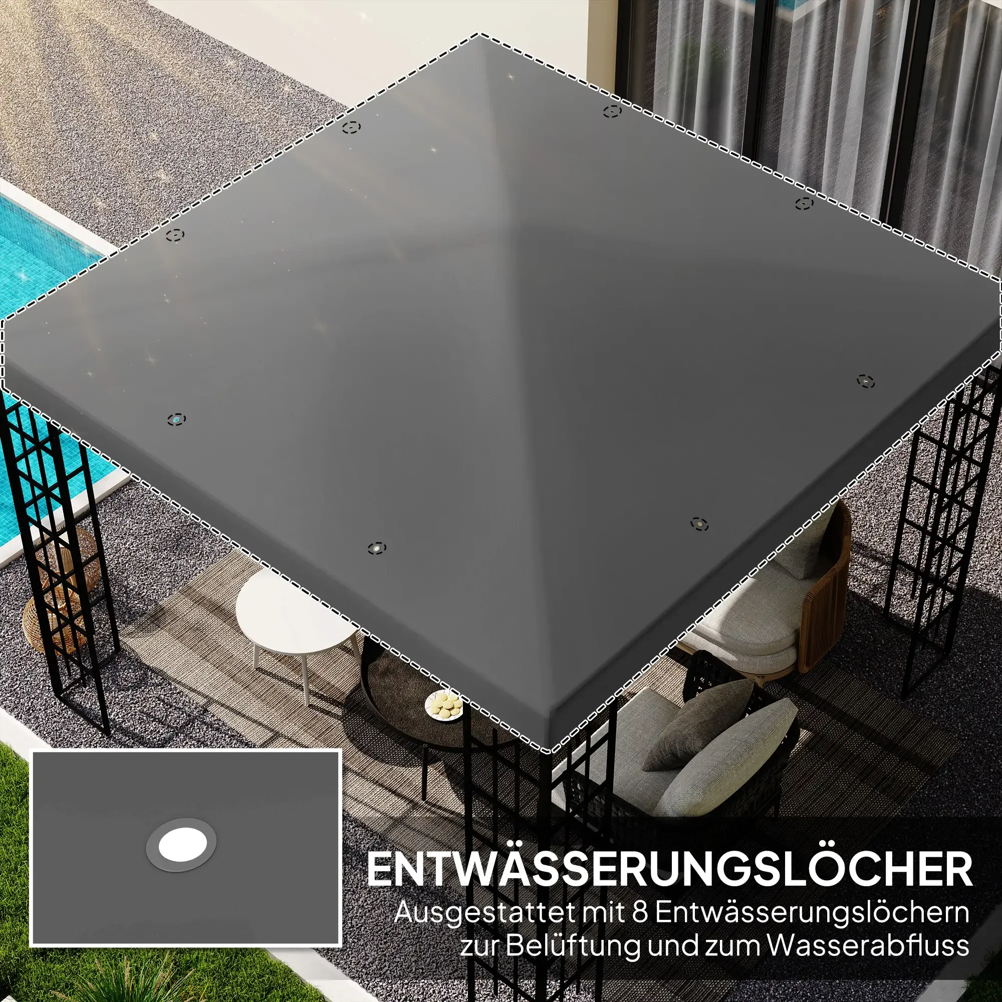 Pavillondach mit Abflusslöchern. Text: Abflusslöcher, ausgestattet mit 8 Abflusslöchern zur Belüftung und zum Wasserablauf.