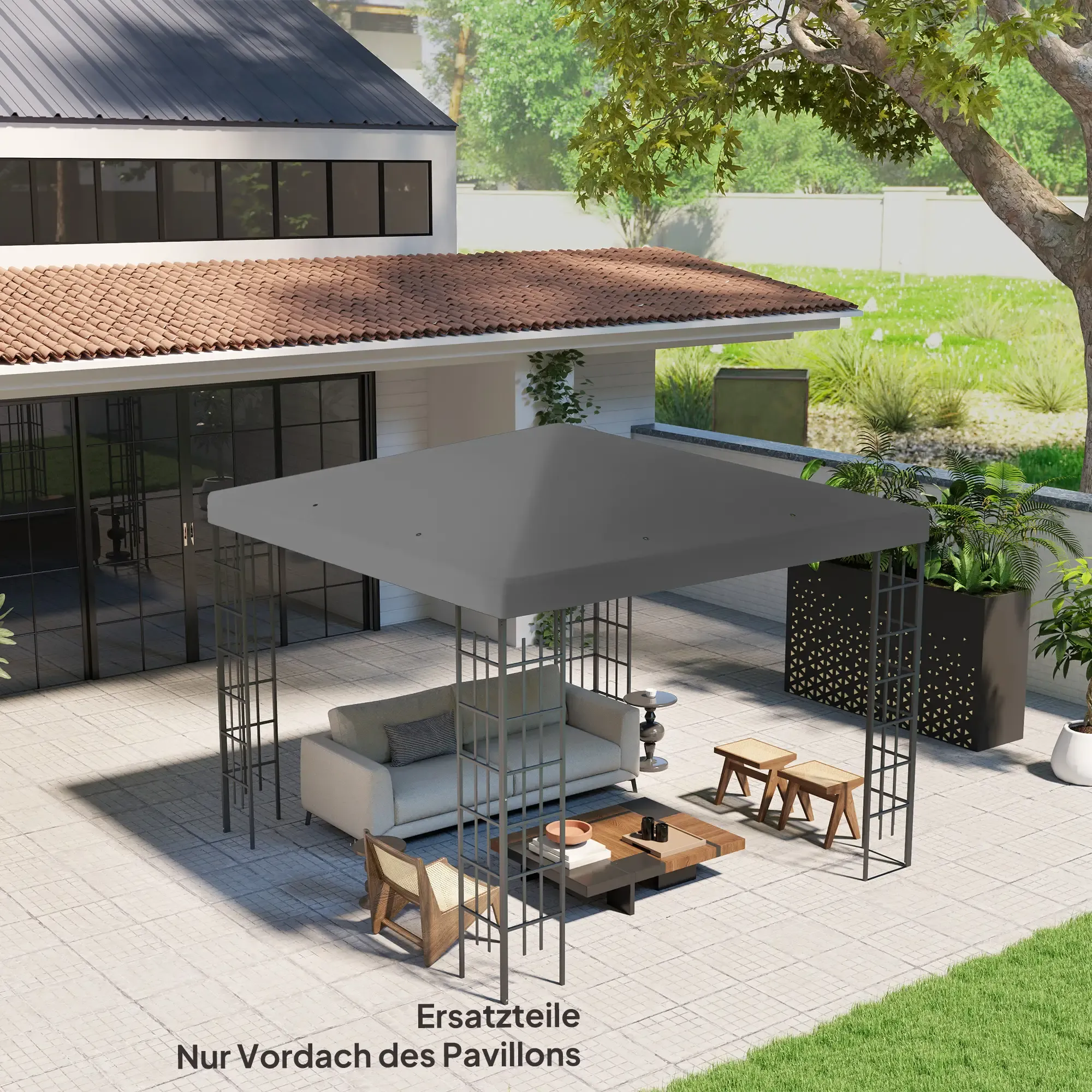 Pavillon auf einer Terrasse mit Möbeln. Text: Ersatzteile, nur Baldachin.