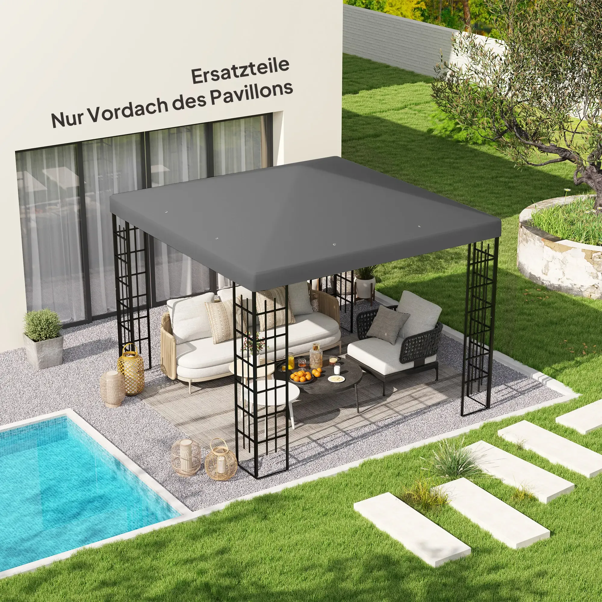 Pavillon auf einer Terrasse mit Möbeln, in der Nähe eines Pools. Text: Ersatzteile, nur Baldachin.