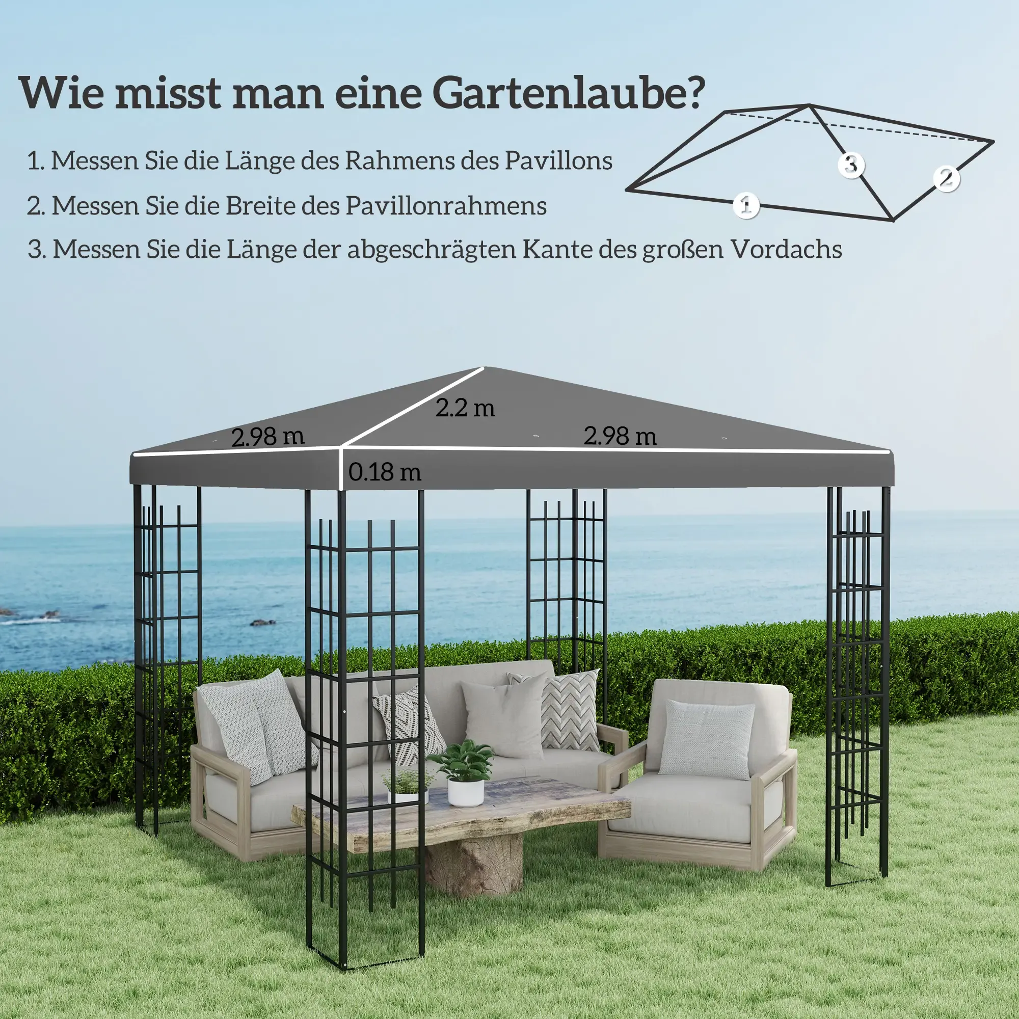 Ein grauer Pavillon mit Maßen. Text auf Deutsch beschreibt, wie man einen Pavillon misst.