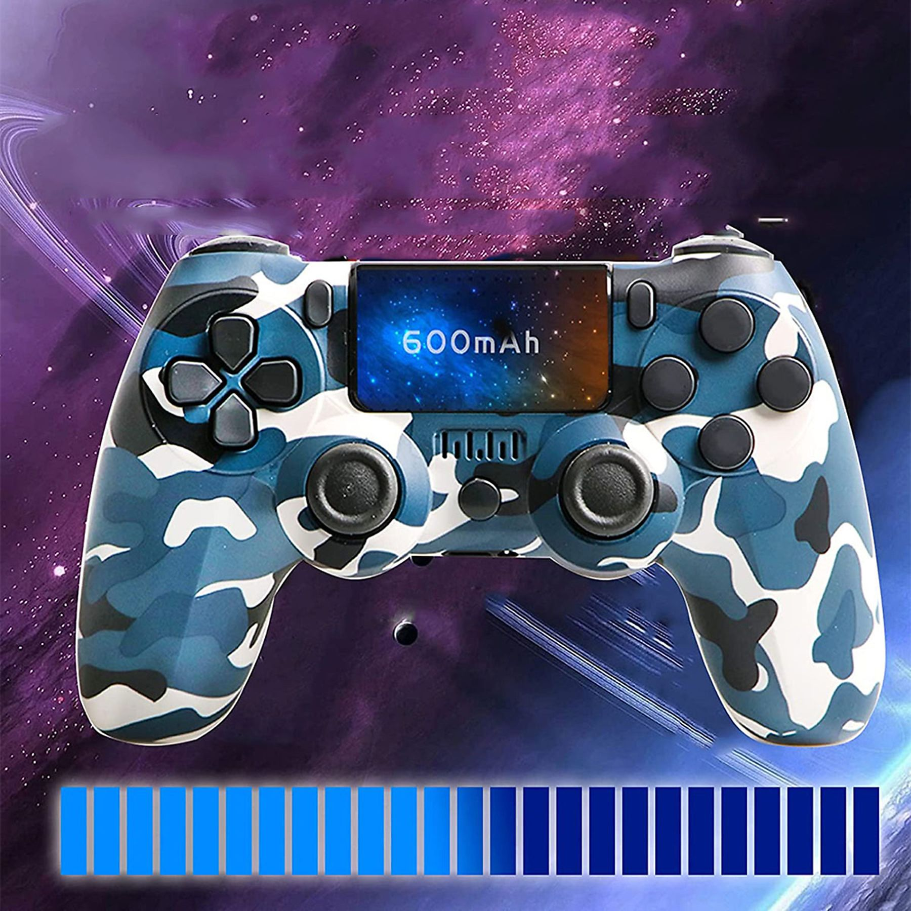 Ein blau-weißer Tarnmuster-Gamecontroller mit einem Bildschirm, der 600 mAh Akku anzeigt.