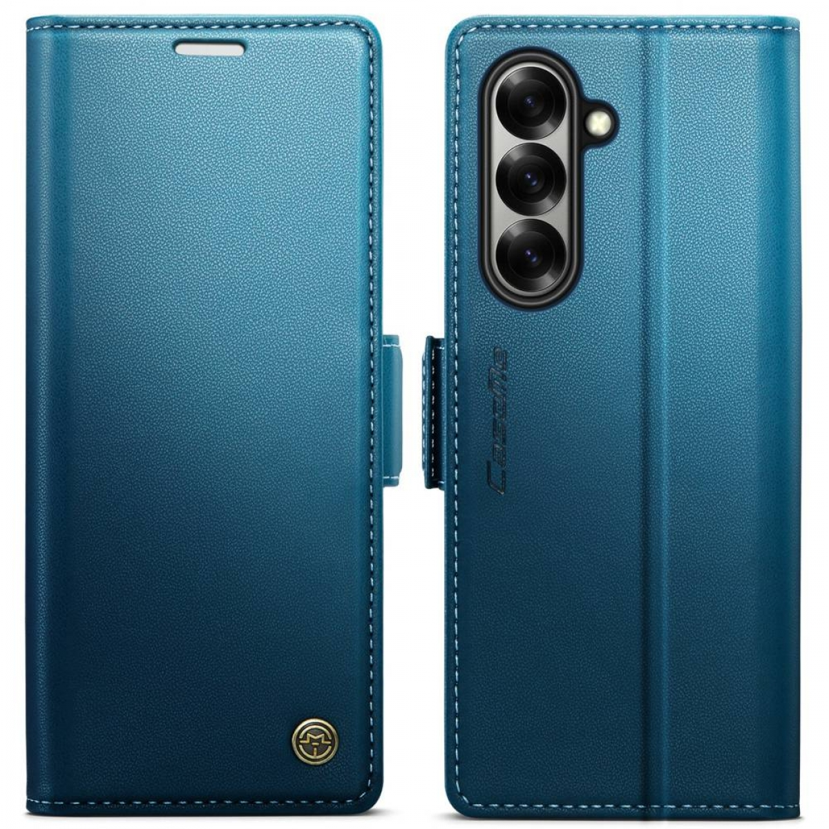 Eine blaue Leder-Brieftaschen-Handyhülle wird in zwei Ansichten gezeigt, geschlossen und geöffnet, um die Kamera freizulegen.