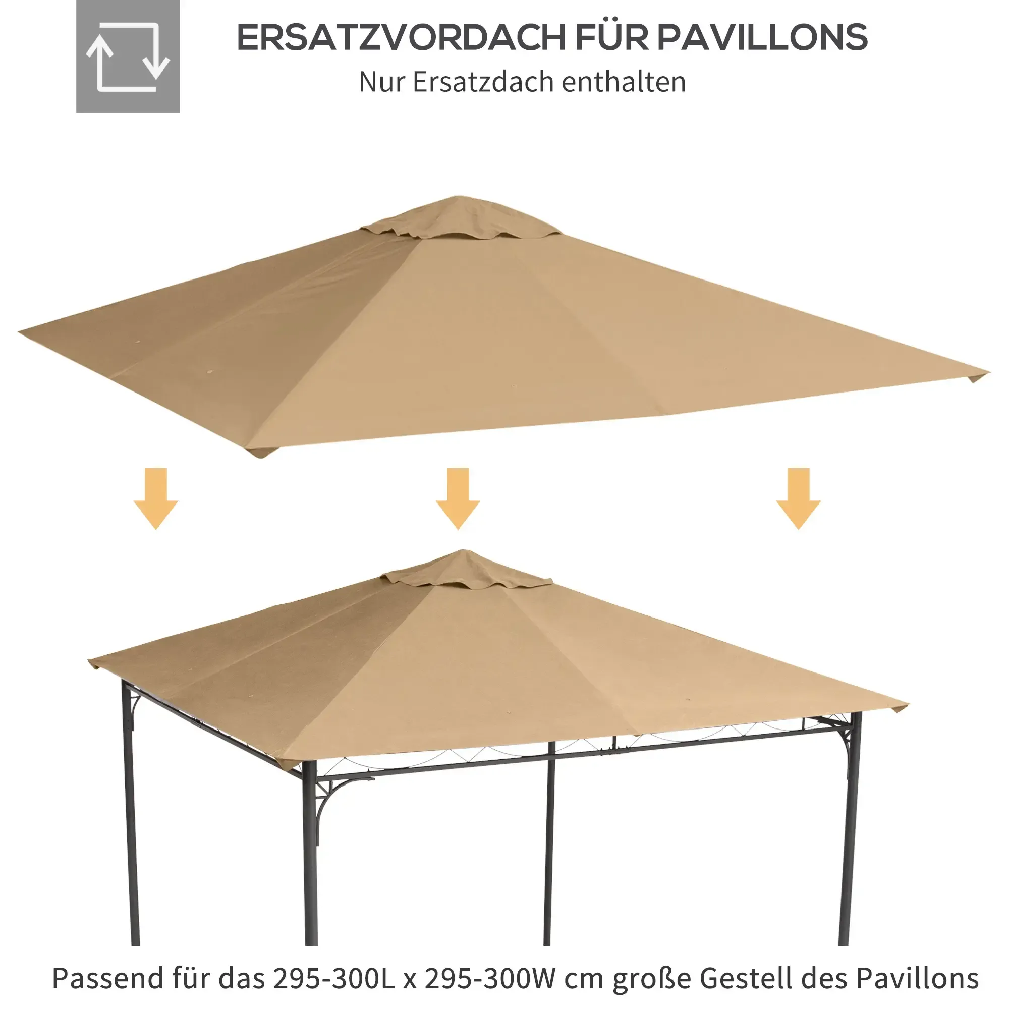 Ersatz-Pavillondach, mit einer oberen und unteren Ansicht der Struktur. Pfeile zeigen die Montage an.