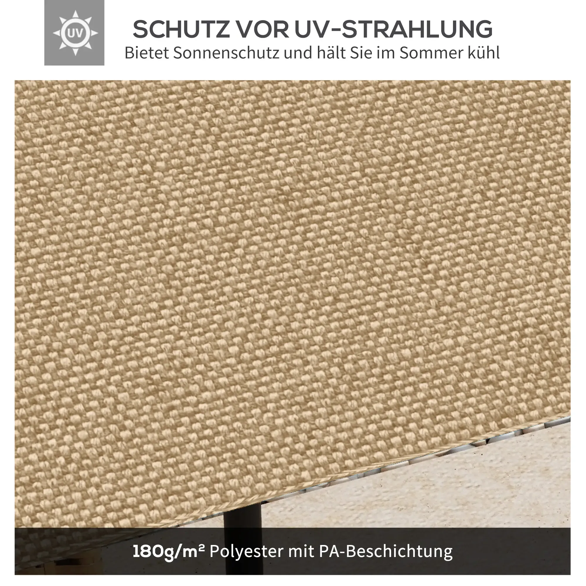 Nahaufnahme eines beigefarbenen Stoffes. Text weist auf UV-Schutz und Polyester mit PA-Beschichtung hin.