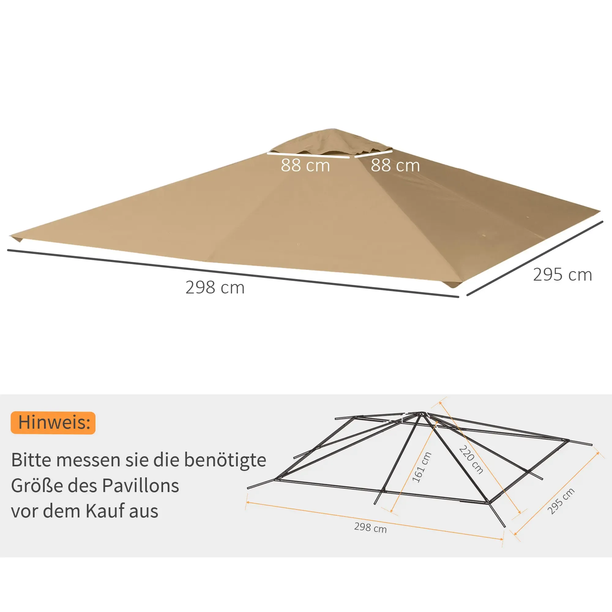 Ein Pavillondach mit Abmessungen. Ein Diagramm zeigt die Rahmenabmessungen. Text rät, vor dem Kauf zu messen.