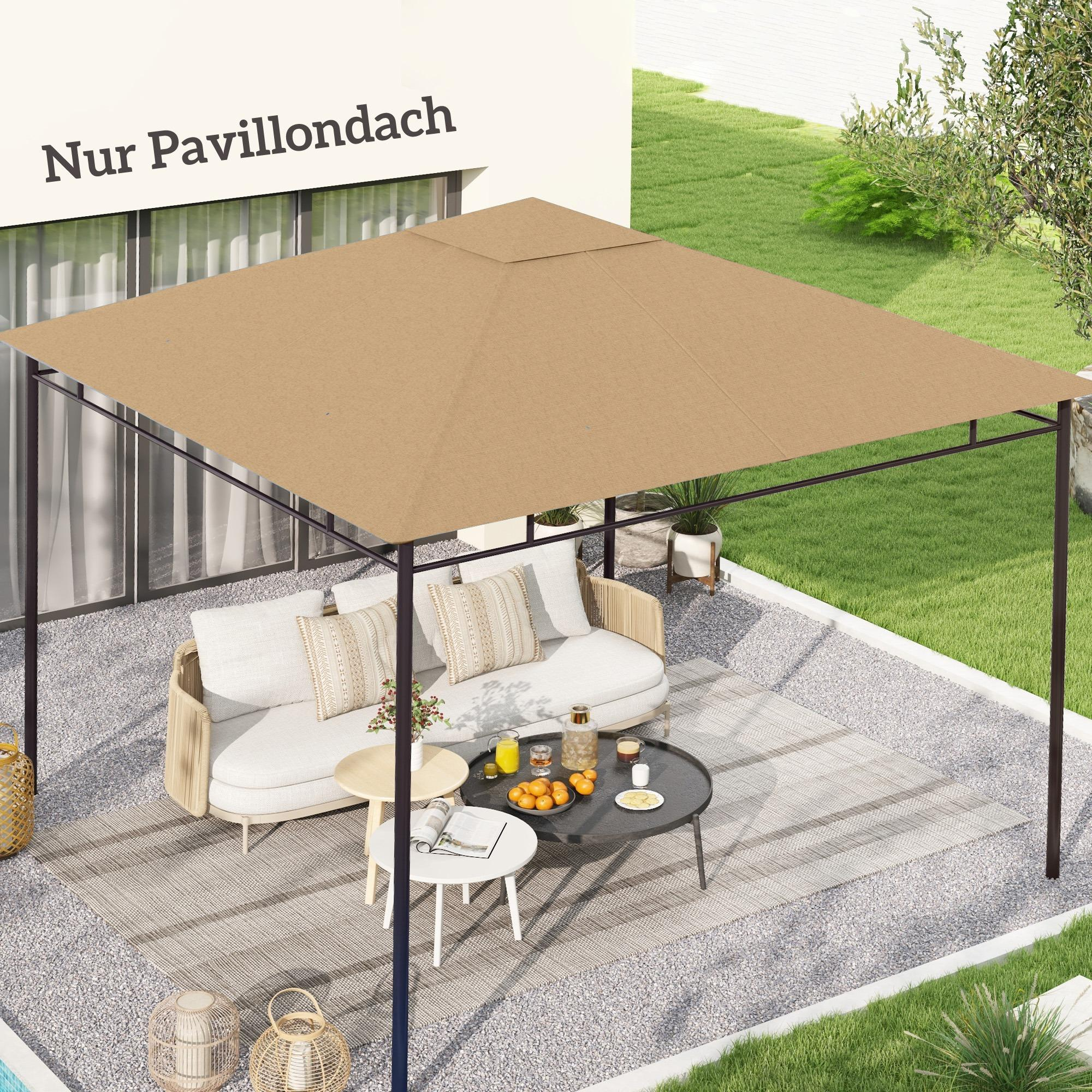 Ein Pavillon in einer Gartenszene. Ein weißes Sofa, Tische und Getränke stehen unter dem beigefarbenen Dach. Kiesboden.