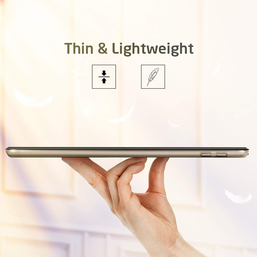 Eine Hand hält ein schlankes, goldenes Telefon vor einem weichgezeichneten Hintergrund mit Federsymbolen und dem Text 'Thin & Lightweight'.