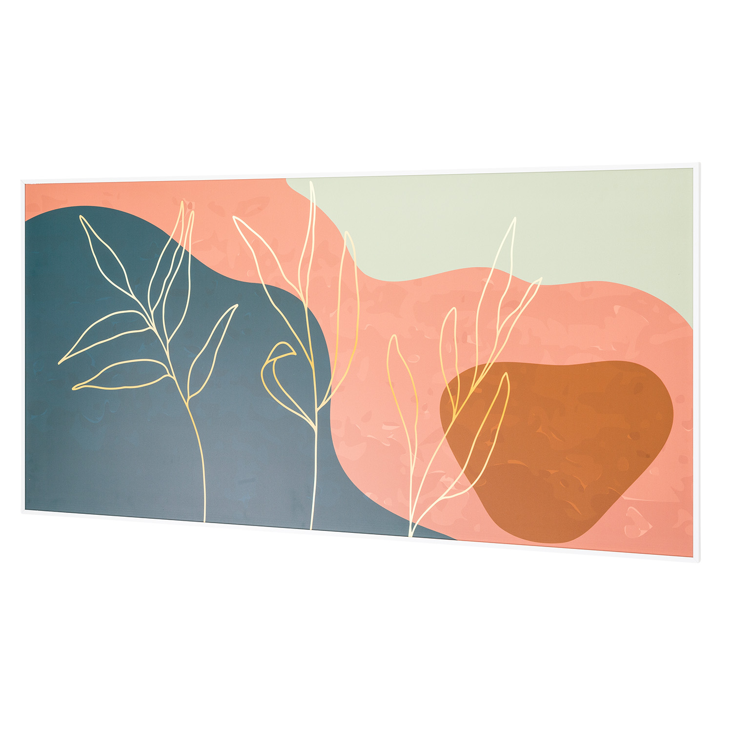 Abstrakte Kunst mit blaugrünen, rosa- und braunfarbenen Formen mit goldenen Linienzeichnungen von Blättern in einem weißen Rahmen.