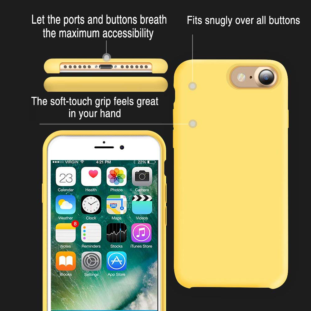 Ein Telefon mit gelber Hülle, das den Bildschirm und die Tasten und Anschlüsse der Hülle zeigt.
