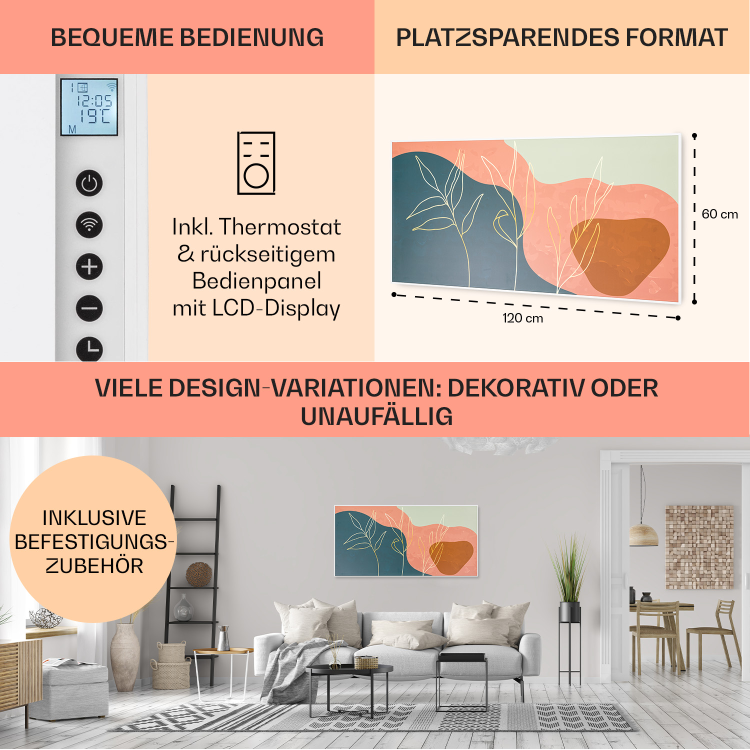 Eine Wand mit Bedienfeld, ein Gemälde und ein Wohnzimmer mit Sofa.