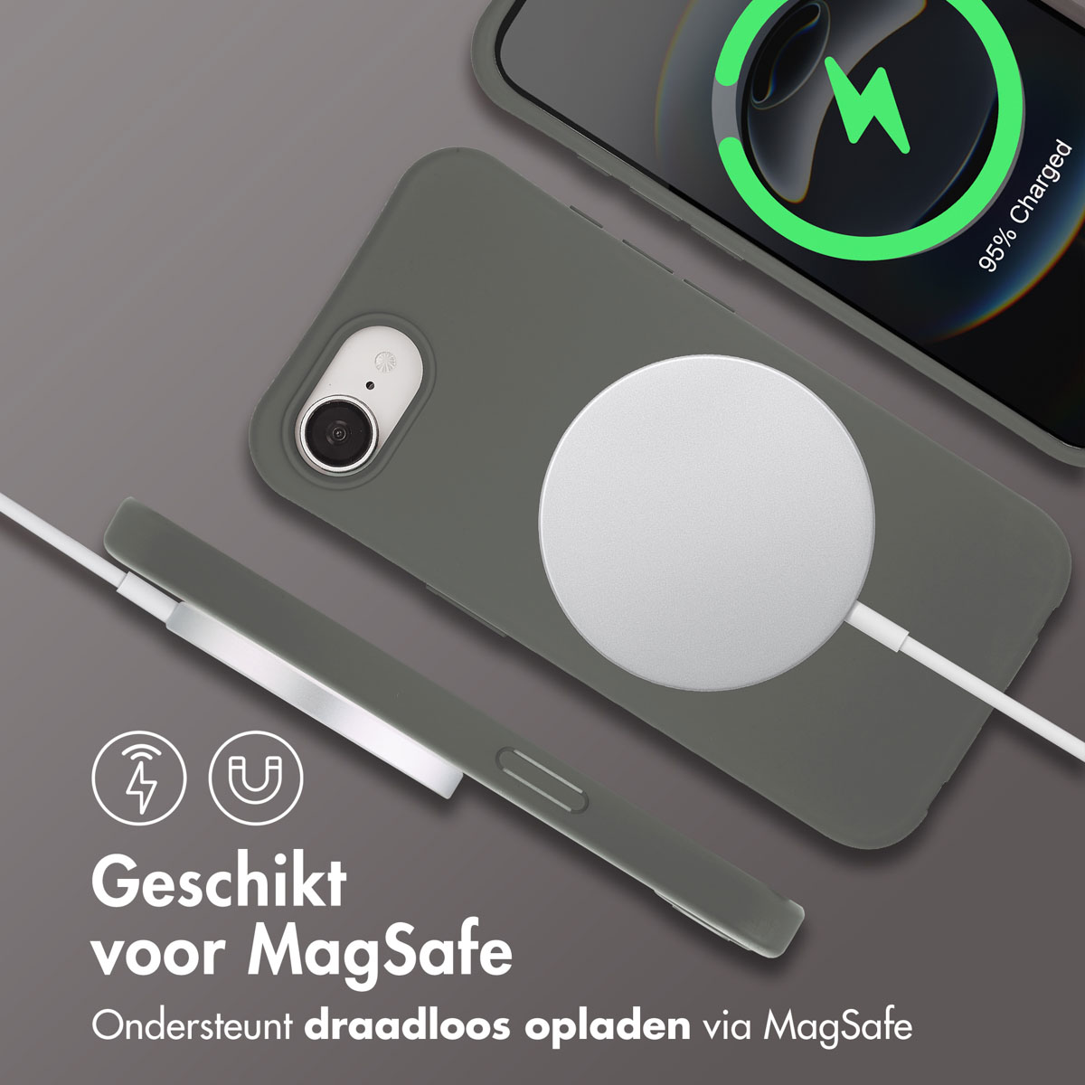 Een grijze telefoonhoes die draadloos wordt opgeladen door een witte oplaadpad, met tekst in het Nederlands.