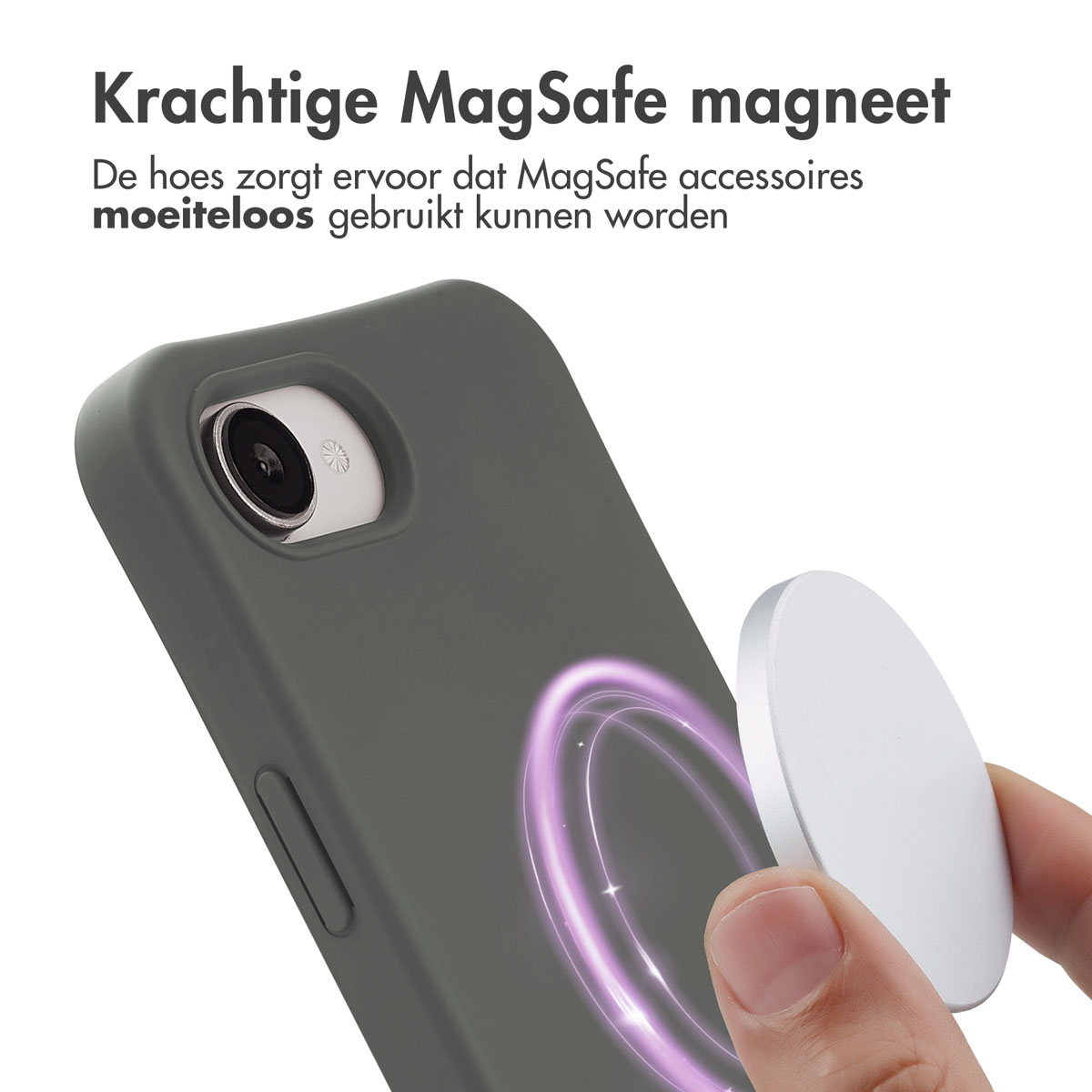 Grijze telefoonhoes met witte ronde MagSafe-oplader. Roze lijnen eromheen.