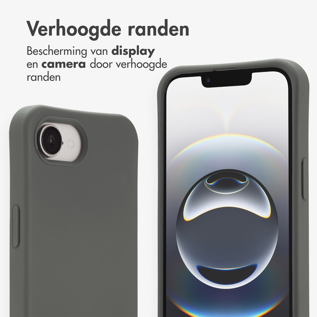 Grijze telefoonhoes en een iPhone die het scherm toont. Beide staan naast elkaar.
