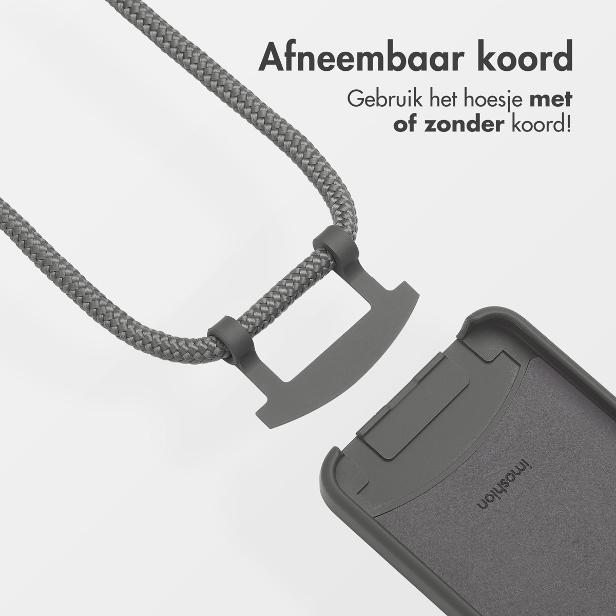 Telefoonhoes met afneembare grijze koord. Koord is gescheiden van de hoes.