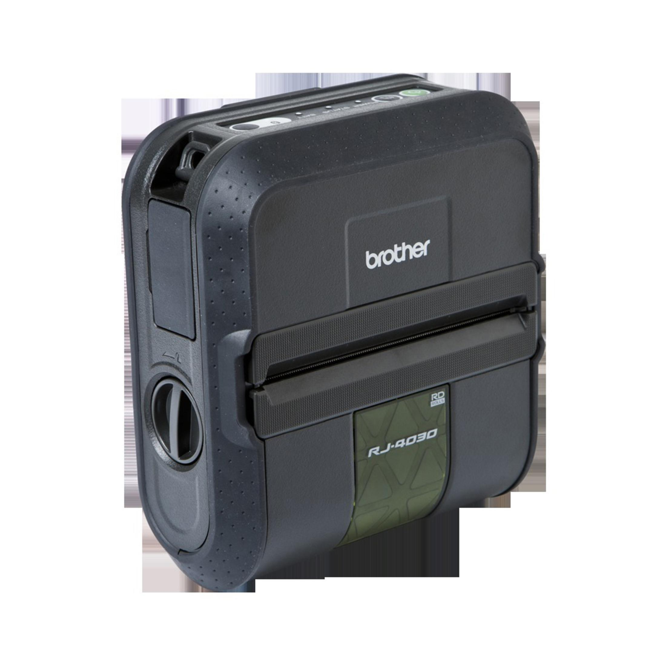 Ein schwarzer Brother RJ-4030 Drucker, der sein kompaktes Design und seine Etikettendruckfunktionen zeigt.