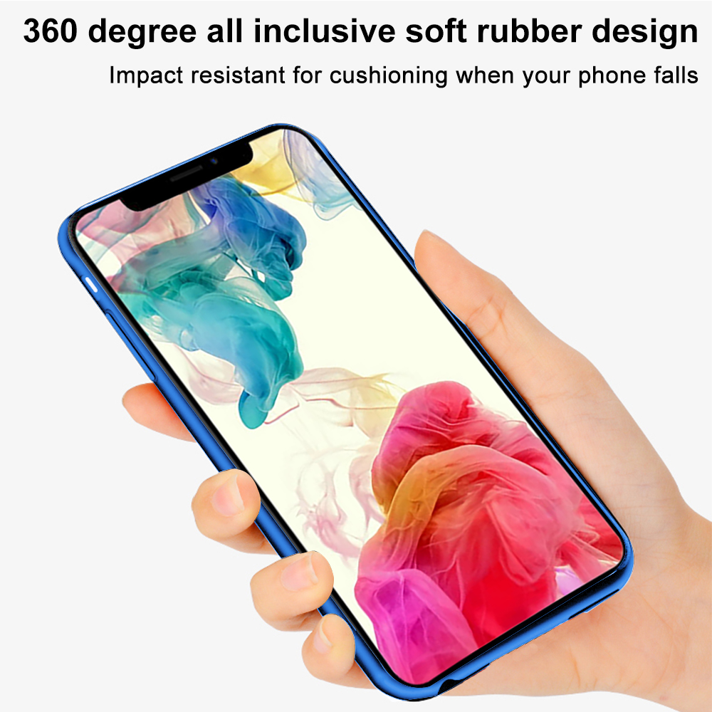 Hand hält Telefon mit blauem Gehäuse, das lebendige Kunst auf dem Bildschirm und schützendes Design zeigt.