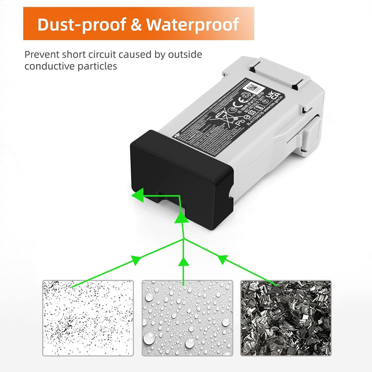Eine Batterie mit einer schwarzen Abdeckung, die als staubdicht und wasserdicht gekennzeichnet ist, mit Diagrammen, die den Schutz.