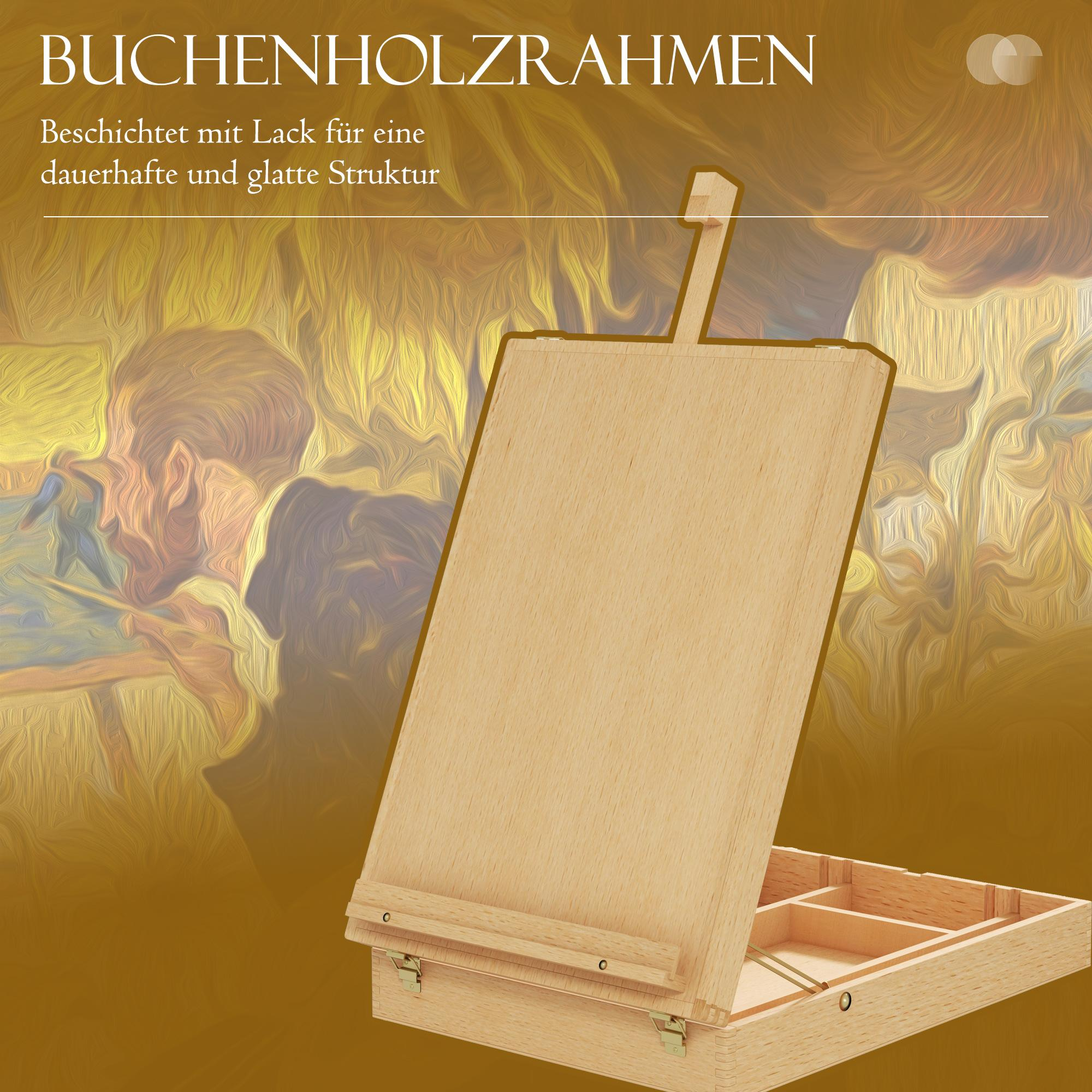 Eine hölzerne Staffelei mit Fächern, die vor einem künstlerischen Hintergrund steht, der die Qualität und das Design des Produkts hervorhebt.