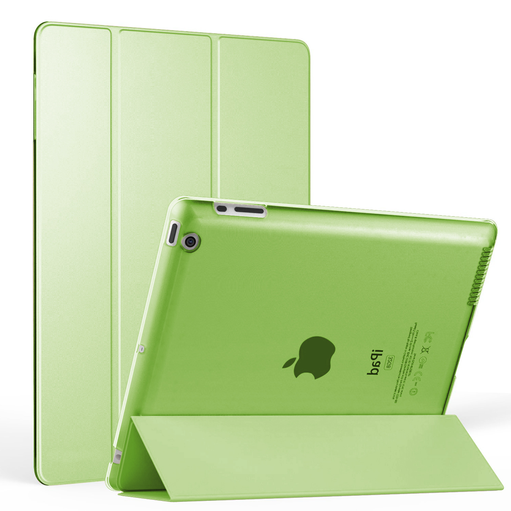 Eine grüne iPad-Hülle mit einem faltbaren Cover. Die Rückseite des iPads ist sichtbar und zeigt das Apple-Logo.