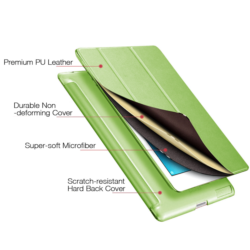 Eine grüne Tablet-Hülle zeigt ihre Schichten: Premium-PU-Leder, robuste Abdeckung, Mikrofaser und kratzfester Rücken.