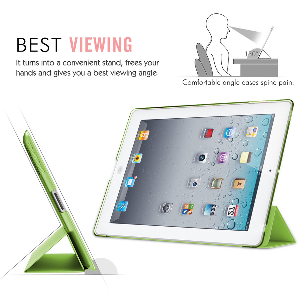 Zwei Tablets werden gezeigt, eines in einer grünen Hülle, angewinkelt zur Ansicht, mit Text über eine bessere Haltung.