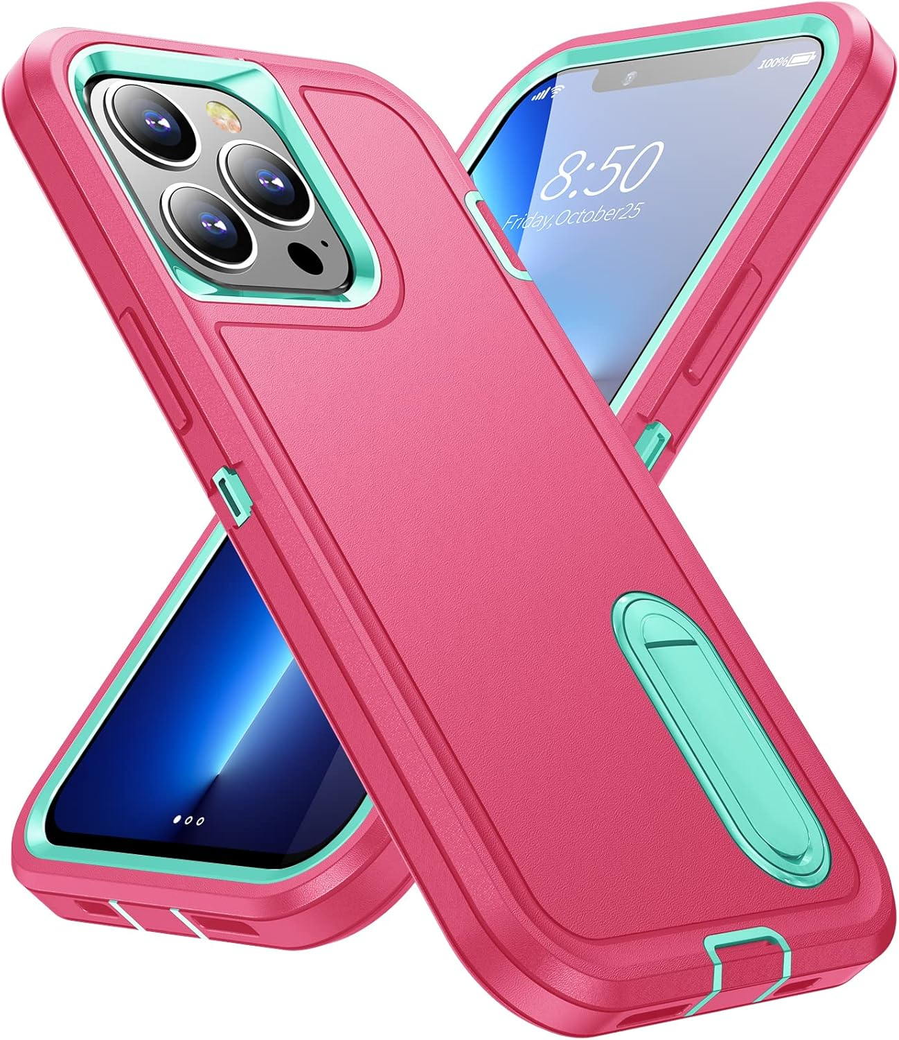 Zwei Handyhüllen in Pink und Türkis. Eine ist geöffnet, mit einem Telefon, das das Datum anzeigt.