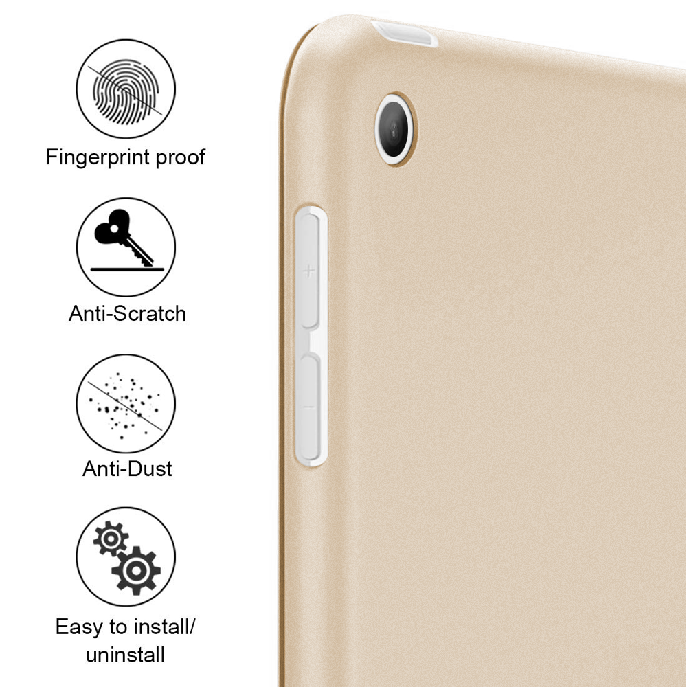 Eine Nahaufnahme zeigt eine goldene iPad-Hülle mit Funktionen wie Fingerabdruckschutz und einfacher Installation.