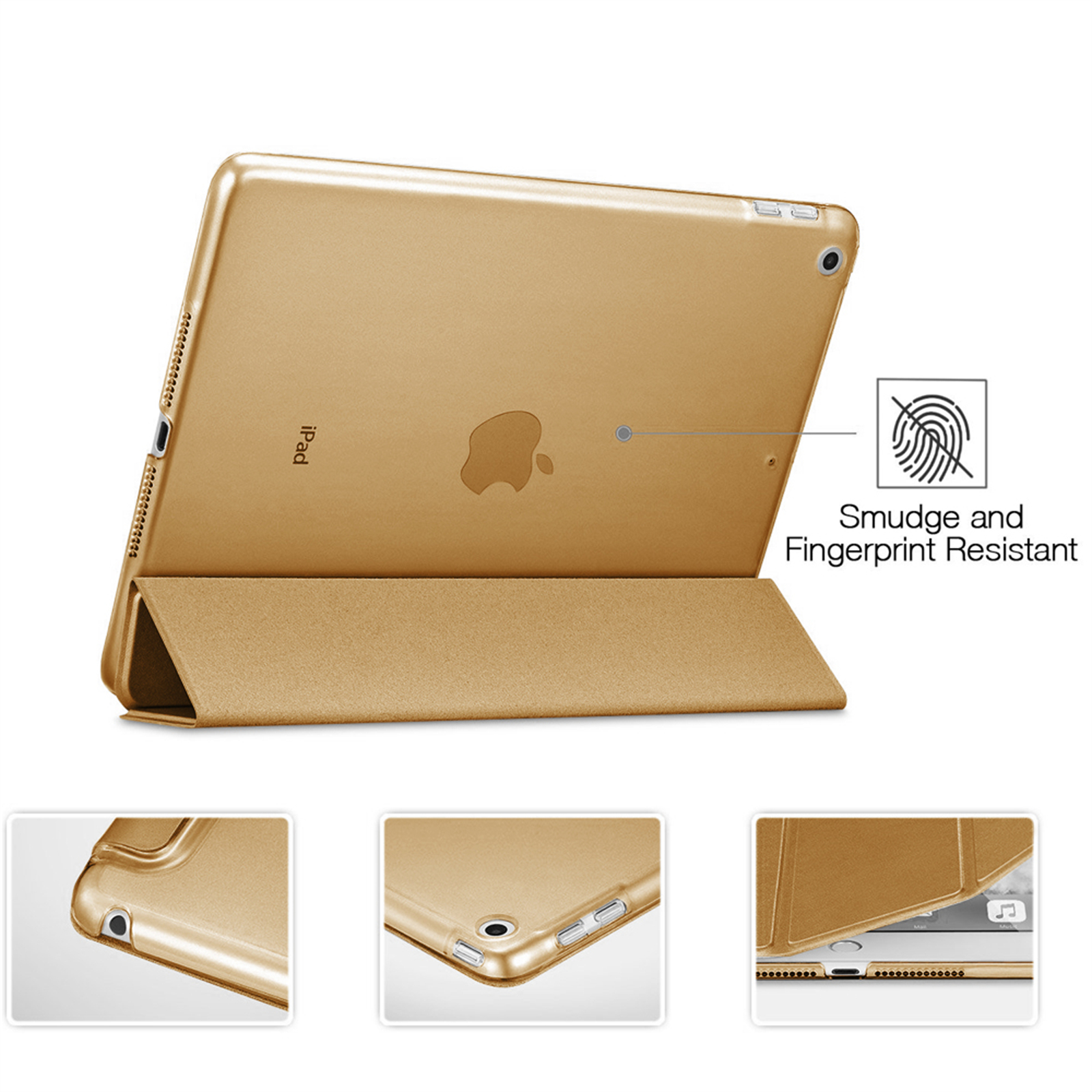 Eine goldene iPad-Hülle zeigt ihre Fingerabdruckbeständigkeit und vielseitige Standpositionen.