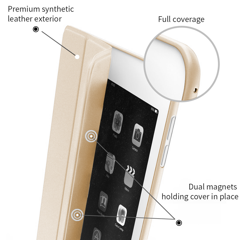 Eine goldene iPad-Hülle zeigt ihre vollständige Abdeckung, das hochwertige Kunstleder und die doppelten Magnete.