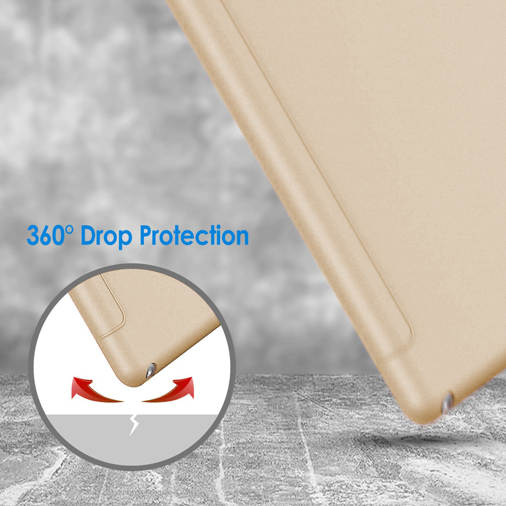 Eine goldene iPad-Hülle wird für ihre 360-Grad-Fallschutzfunktion beworben.