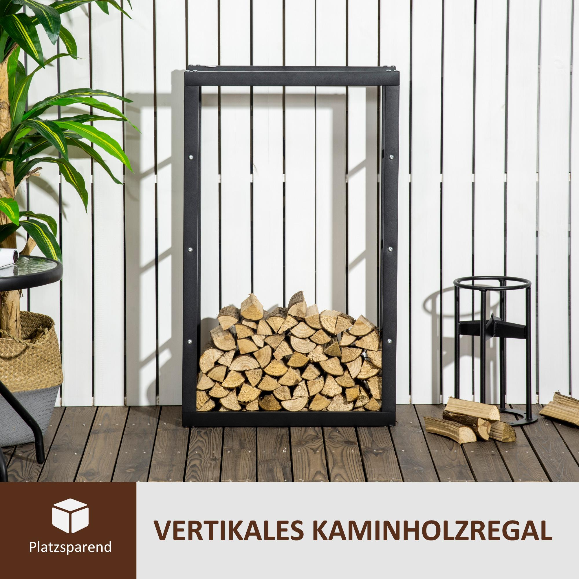 Ein schwarzes Metall-Brennholzregal, gefüllt mit Holz. Text: Vertikales Kaminholzregal.