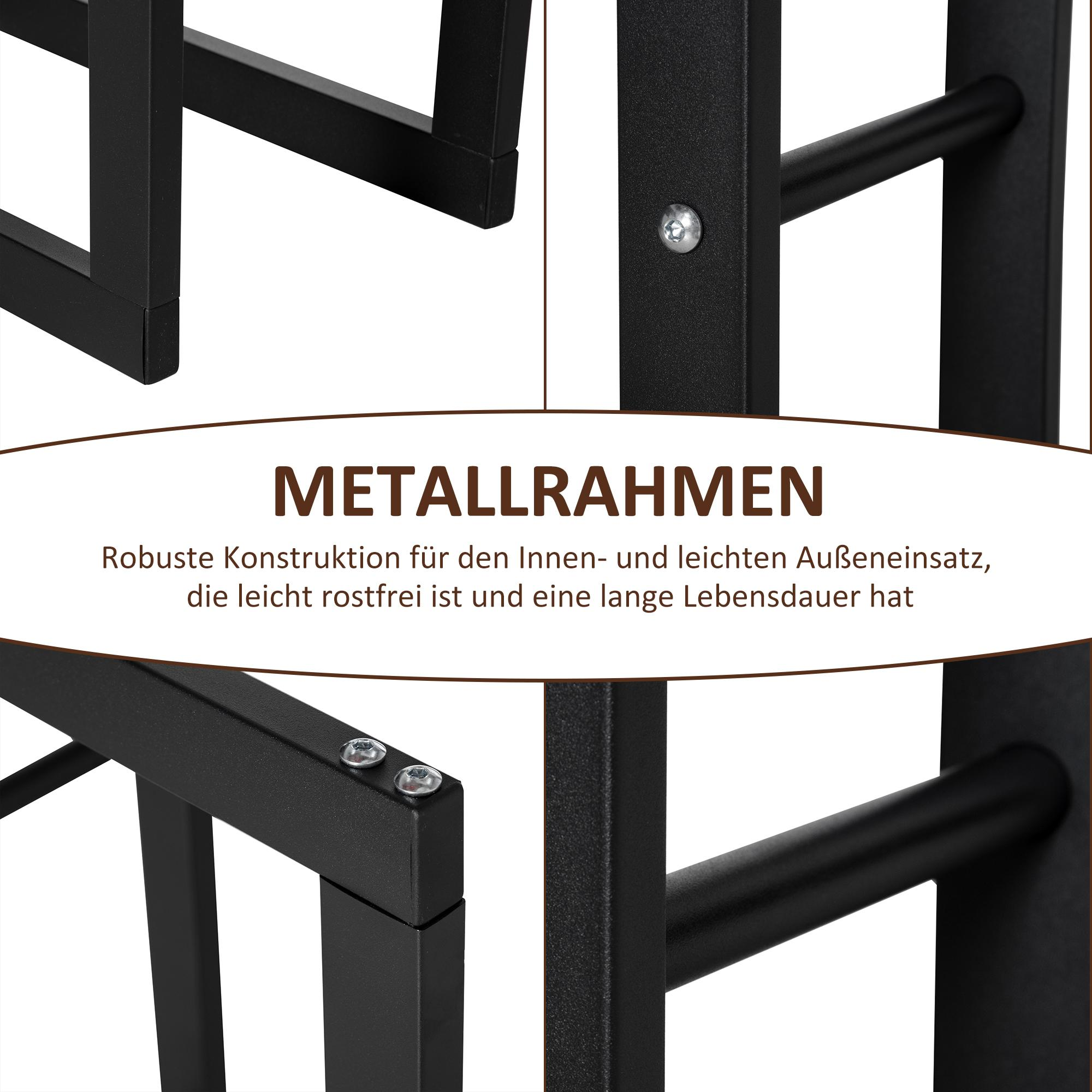 Nahaufnahme von schwarzen Metallrahmenverbindungen. Text: Metallrahmen. Der Text erklärt die Robustheit für den Innenbereich.