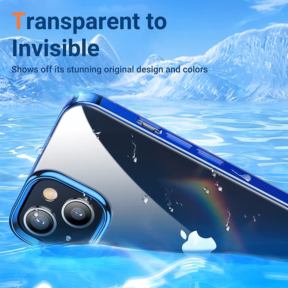Eine Handyhülle im Wasser mit Regenbogeneffekt. Text: Transparent to Invisible. Die Handyhülle ist transparent.