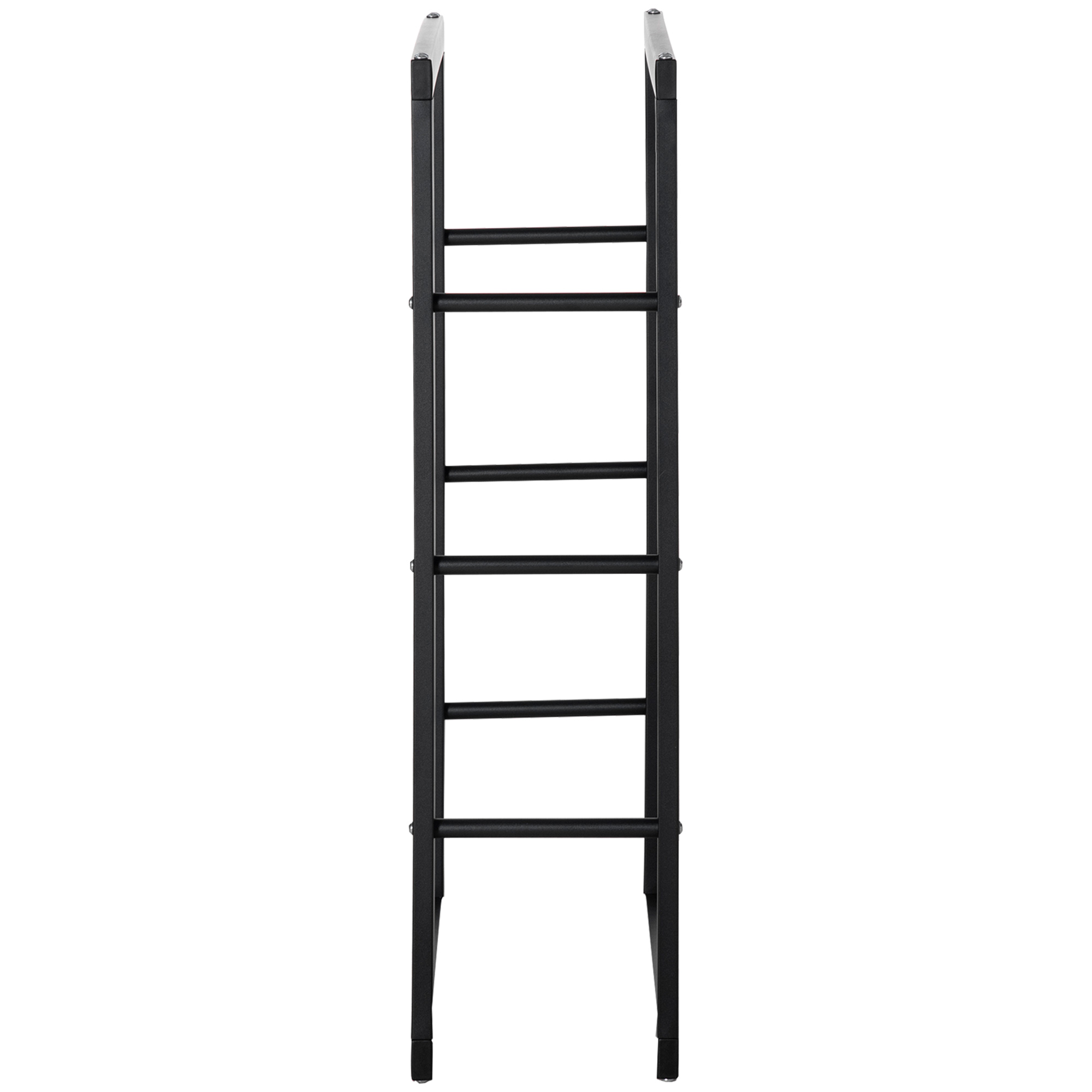 Eine schwarze metallene leiterartige Struktur vor weißem Hintergrund mit sechs horizontalen Sprossen.