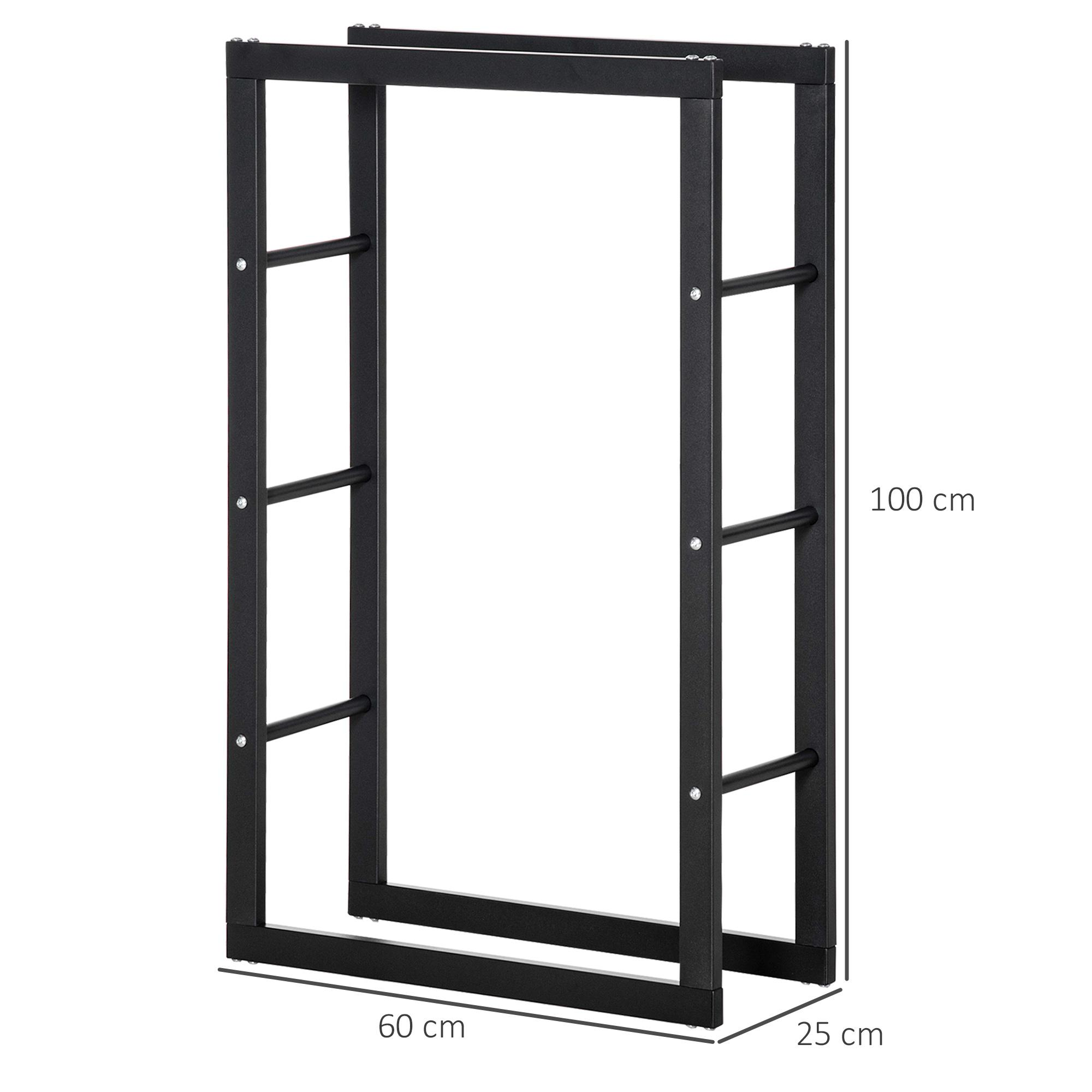 Ein schwarzes Metall-Brennholzregal, vorne und hinten offen. Es hat 4 horizontale Stangen.