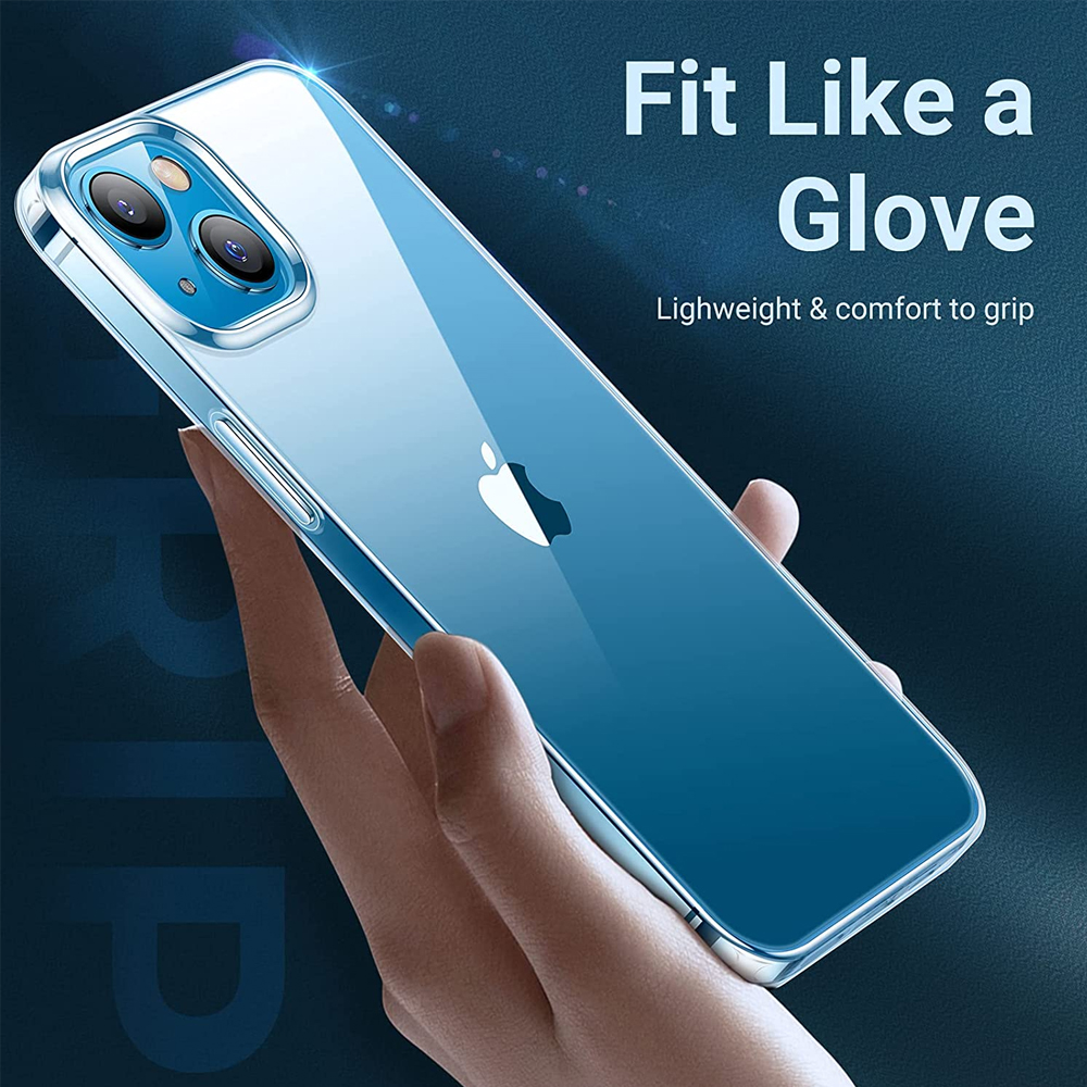 Eine Hand hält ein Telefon in einer transparenten Hülle. Das Telefon ist blau und hat ein weißes Apple-Logo.