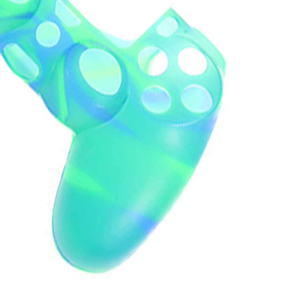 Nahaufnahme einer hellblau-grünen, durchscheinenden Gamecontroller-Hülle.