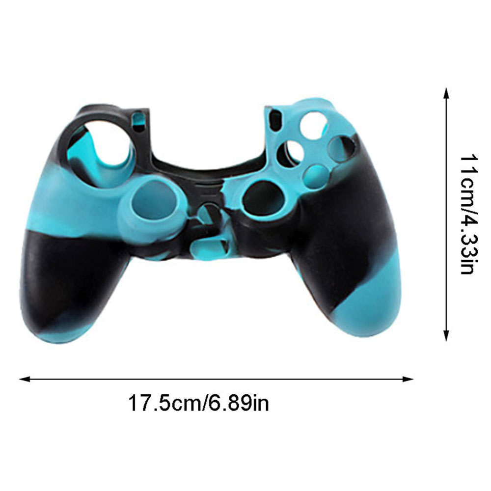 Blaue und schwarze Silikonhülle für PlayStation-Controller mit beschrifteten Abmessungen in Zentimetern und Zoll.