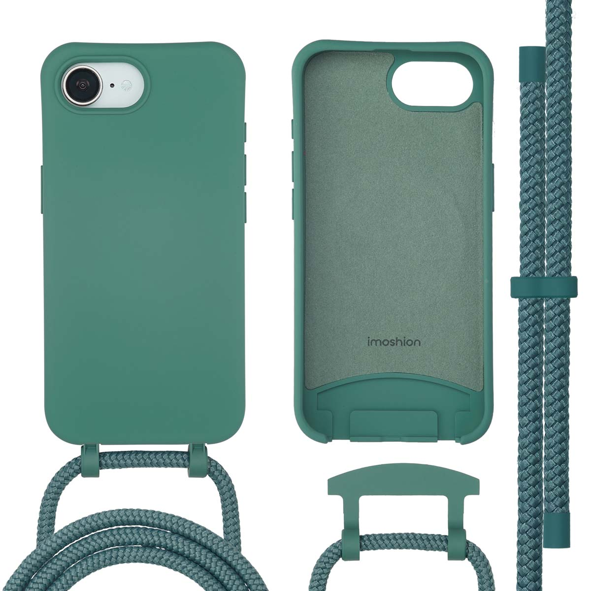 Groen telefoonhoesje met een touw. Het hoesje wordt van de voor- en achterkant getoond.