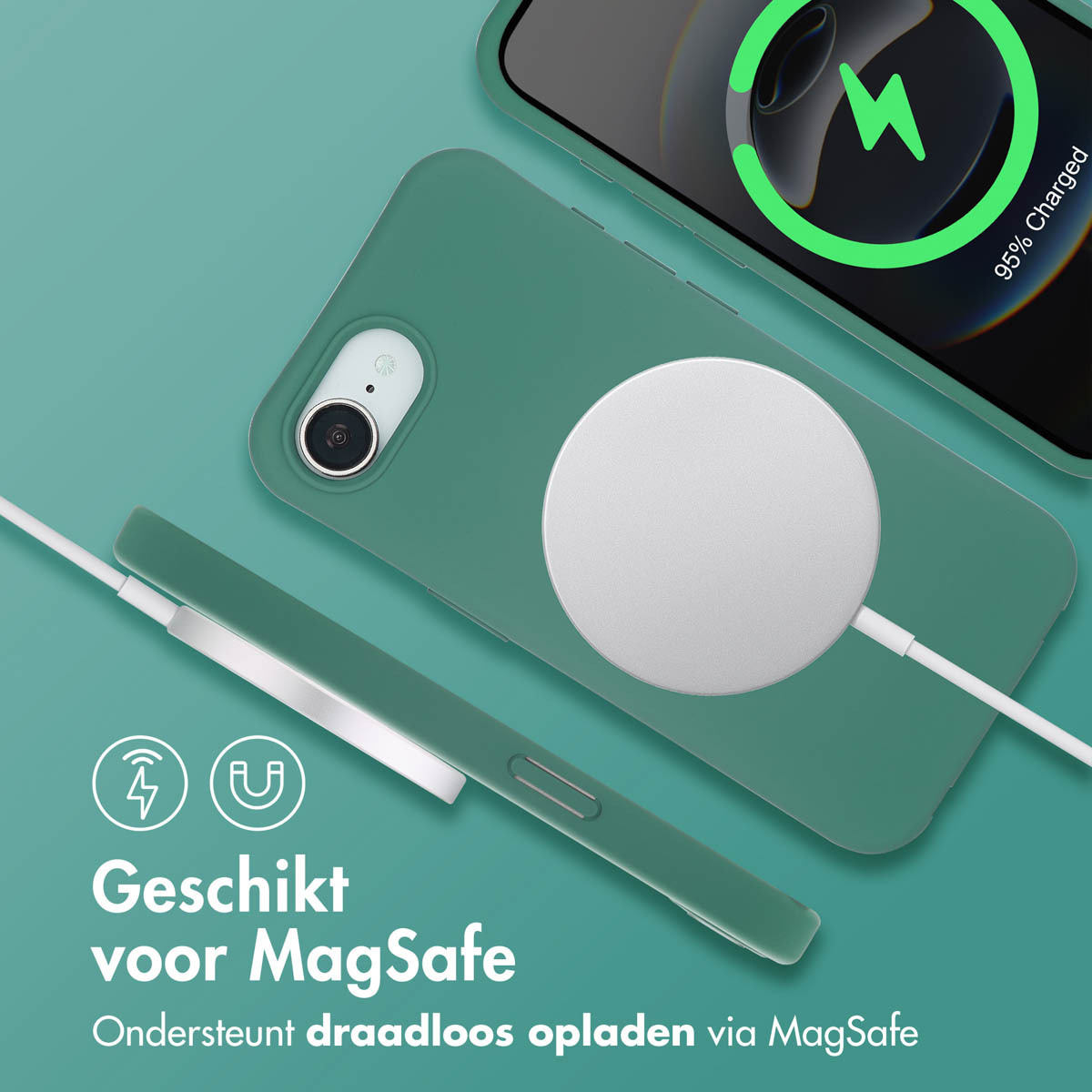 Groen telefoonhoesje met een oplader op een groene achtergrond. De telefoon is op 95%.