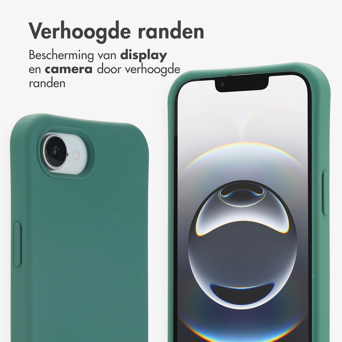 Groen telefoonhoesje met verhoogde randen voor scherm- en camerabescherming.